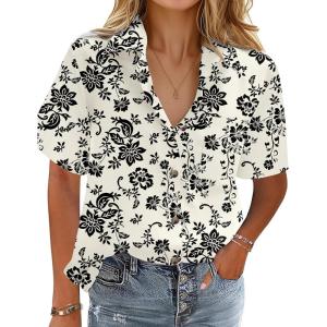 image:imageHOTOUCH Cotton Linen Button Down Shirt for Women V Neck Collared Blouse Casual Short Sleeve Tops with PocketFloral Sf335
