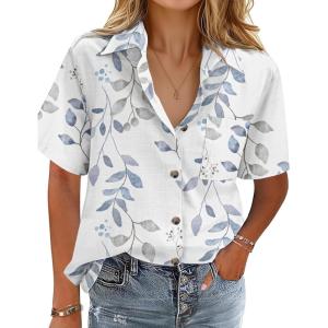 image:imageHOTOUCH Cotton Linen Button Down Shirt for Women V Neck Collared Blouse Casual Short Sleeve Tops with PocketFloral Sp106