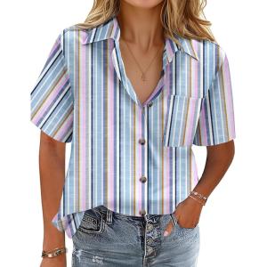 image:imageHOTOUCH Cotton Linen Button Down Shirt for Women V Neck Collared Blouse Casual Short Sleeve Tops with PocketFloral Tz267