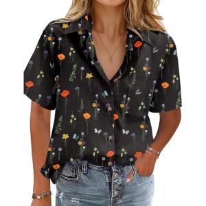 image:imageHOTOUCH Cotton Linen Button Down Shirt for Women V Neck Collared Blouse Casual Short Sleeve Tops with PocketFloral Wf100
