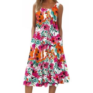 image:imageHOTOUCH Summer Casual Dresses for Women Sleeveless Midi Dress Swing Tank Sundress Pleated Tshirt Dress with PocketsFloraldh14