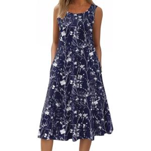 image:imageHOTOUCH Summer Casual Dresses for Women Sleeveless Midi Dress Swing Tank Sundress Pleated Tshirt Dress with PocketsFloralsf180