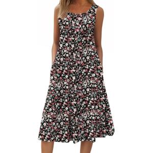 image:imageHOTOUCH Summer Casual Dresses for Women Sleeveless Midi Dress Swing Tank Sundress Pleated Tshirt Dress with PocketsFloralxh377