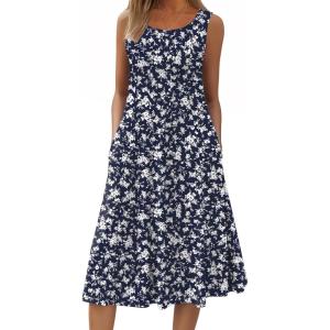 image:imageHOTOUCH Summer Casual Dresses for Women Sleeveless Midi Dress Swing Tank Sundress Pleated Tshirt Dress with PocketsFloralxh445
