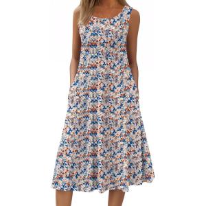 image:imageHOTOUCH Summer Casual Dresses for Women Sleeveless Midi Dress Swing Tank Sundress Pleated Tshirt Dress with PocketsFloralxh498
