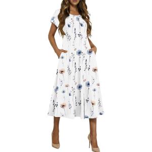 image:imageHOTOUCH Summer Dresses for Women 2026 Casual Midi Dress Petal Short Sleeve A Line Dress Pleated Flare SundressAwhite Floral 01