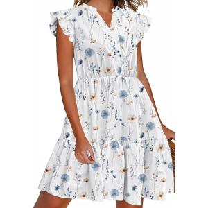 image:imageHOTOUCH Women Printed Dress for Summer Short Ruffle Sleeve Dress Tiered Mini Dress with PocketsFloralbf290