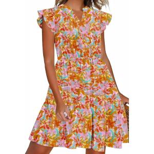 image:imageHOTOUCH Women Printed Dress for Summer Short Ruffle Sleeve Dress Tiered Mini Dress with PocketsFloralwf82