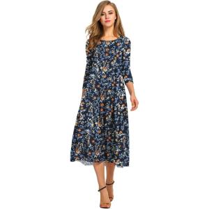 image:imageHOTOUCH Womens 34 Sleeve Aline and Flare Midi Long DressNblue Floral 02