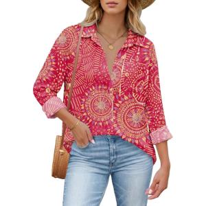 image:imageHOTOUCH Womens Button Down Shirts Linen Cotton Long Sleeve Blouses Casual Collared Loose Fit Gauze Tops with PocketMandala Printed