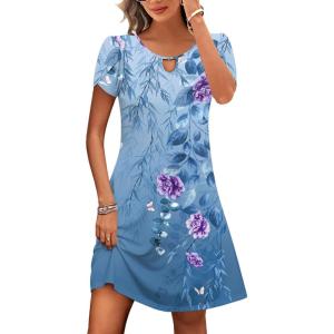 image:imageHOTOUCH Womens Casual ALine Dress with Pockets Summer Beach Floral Tshirt Dress Short Sleeve Mini Dress Flowy SundressesBlue Floralprinted