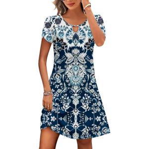 image:imageHOTOUCH Womens Casual ALine Dress with Pockets Summer Beach Floral Tshirt Dress Short Sleeve Mini Dress Flowy SundressesBlue Printed11