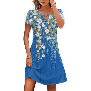 image:imageHOTOUCH Womens Casual ALine Dress with Pockets Summer Beach Floral Tshirt Dress Short Sleeve Mini Dress Flowy SundressesDark Blue Floralprintrd