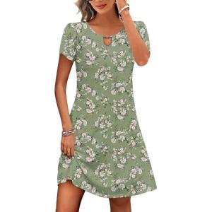 image:imageHOTOUCH Womens Casual ALine Dress with Pockets Summer Beach Floral Tshirt Dress Short Sleeve Mini Dress Flowy SundressesGreen Leaf Printed