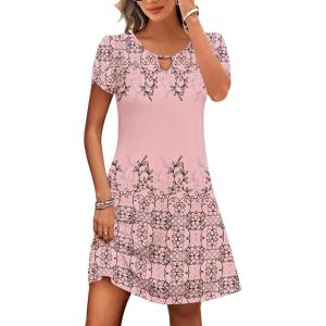 image:imageHOTOUCH Womens Casual ALine Dress with Pockets Summer Beach Floral Tshirt Dress Short Sleeve Mini Dress Flowy SundressesPinkprinted