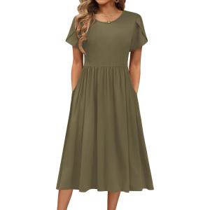 image:imageHOTOUCH Womens Summer ALine Midi Dresses 2026 Casual Floral Short Sleeve TShirt Dress Flowy Beach Sundress with PocketsArmy Green
