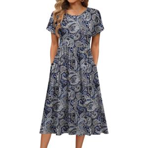 image:imageHOTOUCH Womens Summer ALine Midi Dresses 2026 Casual Floral Short Sleeve TShirt Dress Flowy Beach Sundress with PocketsGreen Floral Print