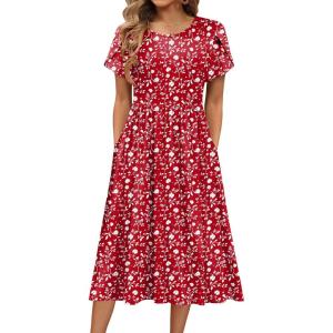 image:imageHOTOUCH Womens Summer ALine Midi Dresses 2026 Casual Floral Short Sleeve TShirt Dress Flowy Beach Sundress with PocketsRed Print