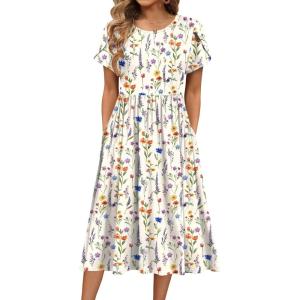 image:imageHOTOUCH Womens Summer ALine Midi Dresses 2026 Casual Floral Short Sleeve TShirt Dress Flowy Beach Sundress with PocketsWhite Print