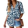 image:imageHOTOUCH Womens Linen Button Down Shirt Casual Long Sleeve Cotton Blouse Loose Fit Collared Work Gauze Tops with PocketLeaves Navy Blue