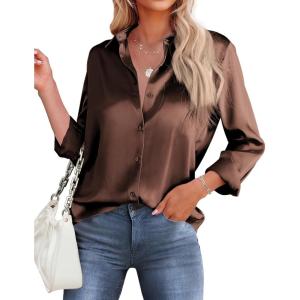 image:imageHOTOUCH Button Down Shirts for Women Satin Silk Collared Dressy Casual Blouses Loose Long Sleeve Office Work TopsChocolate Brown