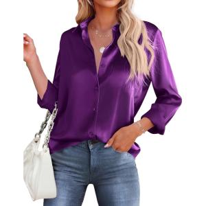 image:imageHOTOUCH Button Down Shirts for Women Satin Silk Collared Dressy Casual Blouses Loose Long Sleeve Office Work TopsPurple
