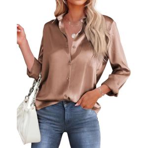 image:imageHOTOUCH Button Down Shirts for Women Satin Silk Collared Dressy Casual Blouses Loose Long Sleeve Office Work TopsToffee