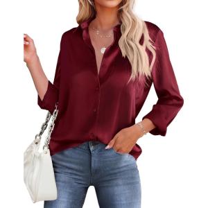 image:imageHOTOUCH Button Down Shirts for Women Satin Silk Collared Dressy Casual Blouses Loose Long Sleeve Office Work TopsWine Red