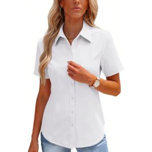 image:imageHOTOUCH Button Down Shirts for Women Short Sleeve Stretch Dress Shirt WrinkleFree Formal Work Blouses Summer Tops S2XLAwhite