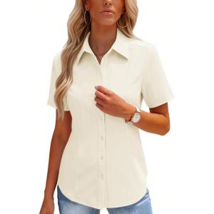 image:imageHOTOUCH Button Down Shirts for Women Short Sleeve Stretch Dress Shirt WrinkleFree Formal Work Blouses Summer Tops S2XLBeige