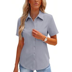 image:imageHOTOUCH Button Down Shirts for Women Short Sleeve Stretch Dress Shirt WrinkleFree Formal Work Blouses Summer Tops S2XLGray