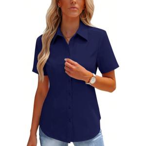 image:imageHOTOUCH Button Down Shirts for Women Short Sleeve Stretch Dress Shirt WrinkleFree Formal Work Blouses Summer Tops S2XLNavy