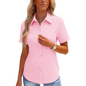 image:imageHOTOUCH Button Down Shirts for Women Short Sleeve Stretch Dress Shirt WrinkleFree Formal Work Blouses Summer Tops S2XLPink