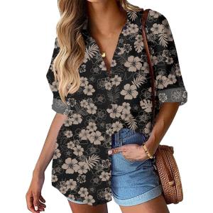 image:imageHOTOUCH Womens Linen Button Down Shirt Casual Long Sleeve Cotton Blouse Loose Fit Collared Work Gauze Tops with PocketBlack Hawaiian