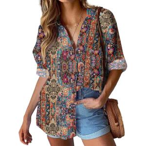 image:imageHOTOUCH Womens Linen Button Down Shirt Casual Long Sleeve Cotton Blouse Loose Fit Collared Work Gauze Tops with PocketEthnic Printed