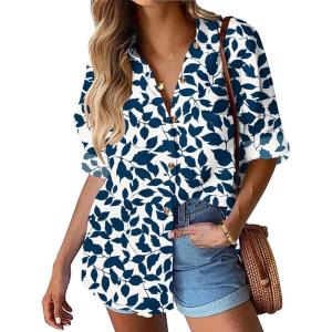 image:imageHOTOUCH Womens Linen Button Down Shirt Casual Long Sleeve Cotton Blouse Loose Fit Collared Work Gauze Tops with PocketLeaves Navy Blue