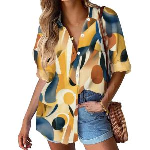 image:imageHOTOUCH Womens Linen Button Down Shirt Casual Long Sleeve Cotton Blouse Loose Fit Collared Work Gauze Tops with PocketYellow Printed