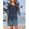 image:imageHOTOUCH Boho Dresses for Women Casual Beach Summer Dress V Neck 34 Long Sleeve Short Floral Print Swimsuit Cover Up Sundress03 Blue
