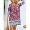 image:imageHOTOUCH Boho Dresses for Women Casual Beach Summer Dress V Neck 34 Long Sleeve Short Floral Print Swimsuit Cover Up SundressDark Red