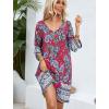 image:imageHOTOUCH Boho Dresses for Women Casual Beach Summer Dress V Neck 34 Long Sleeve Short Floral Print Swimsuit Cover Up SundressDark Red
