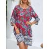 image:imageHOTOUCH Boho Dresses for Women Casual Beach Summer Dress V Neck 34 Long Sleeve Short Floral Print Swimsuit Cover Up SundressDark Red