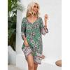image:imageHOTOUCH Boho Dresses for Women Casual Beach Summer Dress V Neck 34 Long Sleeve Short Floral Print Swimsuit Cover Up SundressGreen