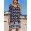 image:imageHOTOUCH Boho Dresses for Women Casual Beach Summer Dress V Neck 34 Long Sleeve Short Floral Print Swimsuit Cover Up SundressNavy Blue