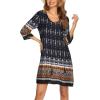 image:imageHOTOUCH Boho Dresses for Women Casual Beach Summer Dress V Neck 34 Long Sleeve Short Floral Print Swimsuit Cover Up SundressNavy Blue Ethnic