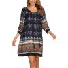 image:imageHOTOUCH Boho Dresses for Women Casual Beach Summer Dress V Neck 34 Long Sleeve Short Floral Print Swimsuit Cover Up SundressNavy Blue Ethnic