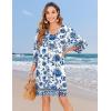 image:imageHOTOUCH Boho Dresses for Women Casual Beach Summer Dress V Neck 34 Long Sleeve Short Floral Print Swimsuit Cover Up SundressWhite Blue