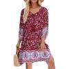 image:imageHOTOUCH Boho Dresses for Women Casual Beach Summer Dress V Neck 34 Long Sleeve Short Floral Print Swimsuit Cover Up Sundress02 Red