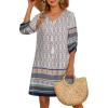 image:imageHOTOUCH Boho Dresses for Women Casual Beach Summer Dress V Neck 34 Long Sleeve Short Floral Print Swimsuit Cover Up Sundress02 White
