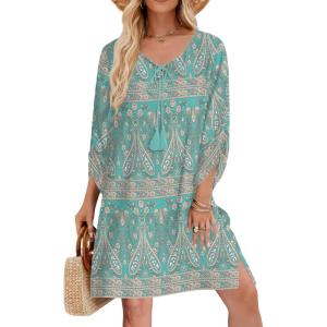 image:imageHOTOUCH Boho Dresses for Women Casual Beach Summer Dress V Neck 34 Long Sleeve Short Floral Print Swimsuit Cover Up Sundress02 Green