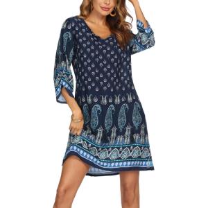 image:imageHOTOUCH Boho Dresses for Women Casual Beach Summer Dress V Neck 34 Long Sleeve Short Floral Print Swimsuit Cover Up Sundress03 Blue